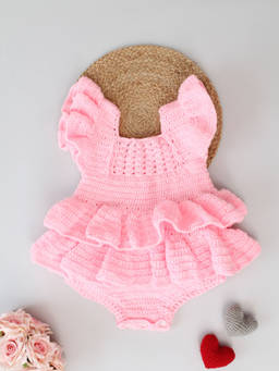 Woonie - Pink Cap Sleeves Layered Frill Detailed Crochet Romper