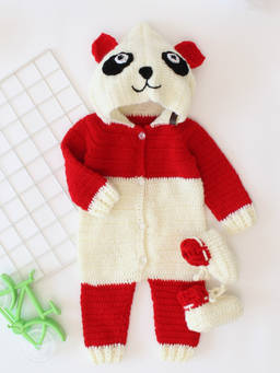 Woonie - Red & Cream Panda Hooded Crochet Bodysuit with Booties