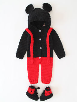 Woonie - Black Ear Applique Detailed Hooded Crochet Bodysuit with Booties