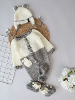 Woonie - Acrylic Grey Crochet Bodysuit with Cap & Booties (Set of 3)