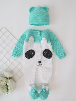 Woonie - Off White Panda Face Detailed Crochet Bodysuit with Cap & Booties (Set of 3)