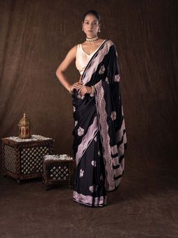 Zal from Benaras - Black Pure Katan Silk Handwork Saree without Blouse