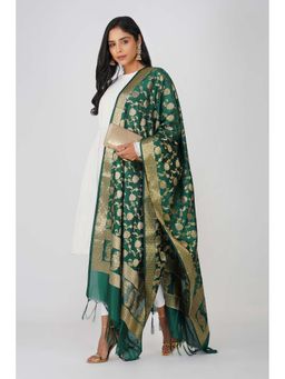 Zal from Benaras - Bottle Green Pure Silk Banarasi Jangle Work Handloom Dupatta