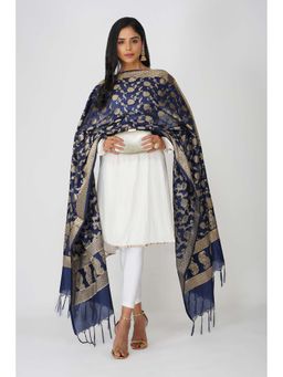 Zal from Benaras - Dark Blue Pure Silk Banarasi Jangle Work Handloom Dupatta