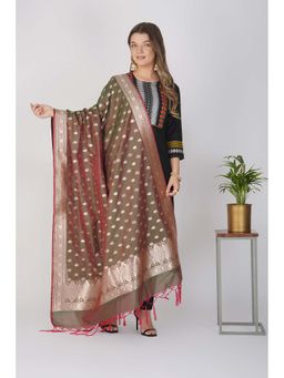 Zal from Benaras - Olive Pure Silk Banarasi Handloom Saree without Blouse