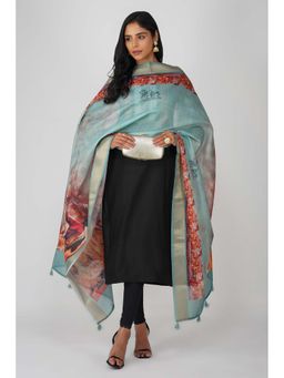 Zal from Benaras - Blue Kashi Ghat Printed Pink Pure Silk Banarasi Handloom Dupatta