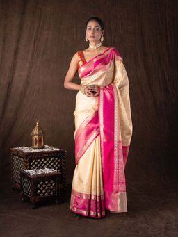 Zal from Benaras - Cream Pure Silk Brocade Banarasi Handloom Saree without Blouse