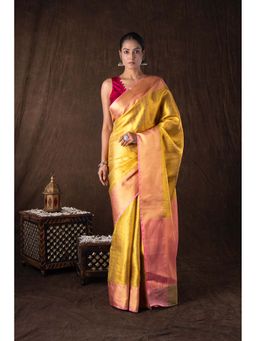 Zal from Benaras - Golden Pure Silk Brocade Banarasi Handloom Saree without Blouse