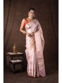 Zal from Benaras - Peach Pure Katan Silk Brocade Banaras Handloom Saree without Blouse