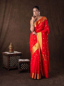 Zal from Benaras - Red Katan Silk Zari Boota Banarasi Handloom Saree without Blouse