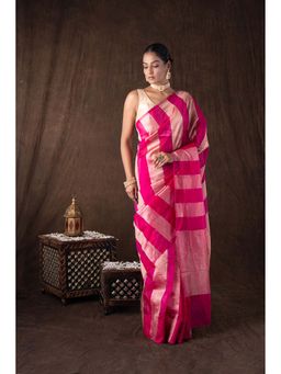 Zal from Benaras - Pink Zari Stripe Moonga Tissue Silk Banarasi Handloom Saree without Blouse