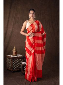 Zal from Benaras - Red Zari Stripe Moonga Tissue Silk Banarasi Handloom Saree without Blouse