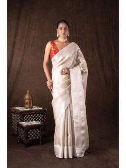 Zal from Benaras - White Pure Katan Silk Brocade Banarasi Handloom Saree without Blouse