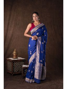 Zal from Benaras - Dark Blue Pure Katan Silk Banarasi Handloom Saree without Blouse