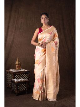 Zal from Benaras - Beige Mc Rungkat Pure Katan Silk Banarasi Handloom Saree without Blouse