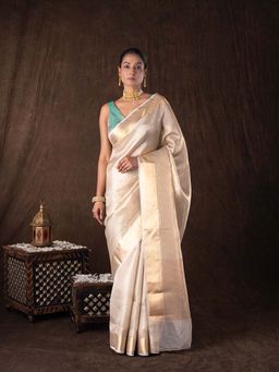 Zal from Benaras - Golden Pure Katan Silk Banarasi Handloom Saree without Blouse