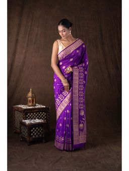 Zal from Benaras - Purple Pure Monga Silk Banarasi Handloom Saree without Blouse