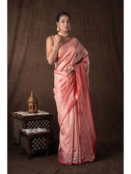 Zal from Benaras - Red Pure Tissue Plain Banaras Handloom Saree without Blouse