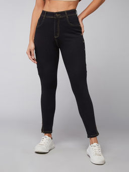 DOLCE CRUDO - Black Skinny High Rise Side Slit Cropped Stretchable Denim Jeans