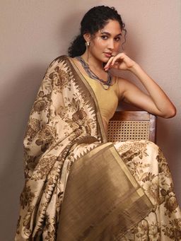 Libas - Beige Printed Saree with Unstitched Blouse