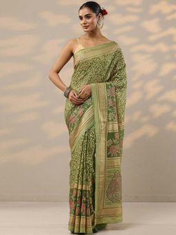 Libas - Green Floral Printed Saree with Unstitched Blouse