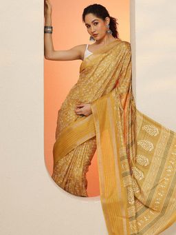 Libas - Yellow Printed Silk Blend Saree for Women with Unstitched Blouse