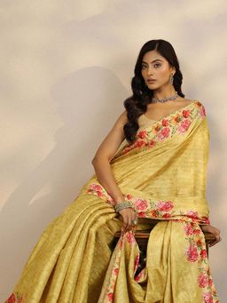 Libas - Yellow Printed Saree with Unstitched Blouse