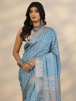 Libas - Blue Printed Saree with Unstitched Blouse