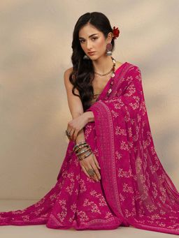 Libas - Pink Printed Saree with Unstitched Blouse