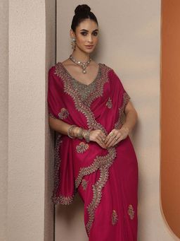 Libas - Embellished Silk Blend Saree with Unstitched Blouse for Women - Pink