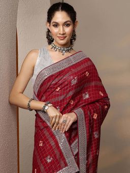 Libas - Embellished Silk Blend Saree with Unstitched Blouse for Women - Maroon
