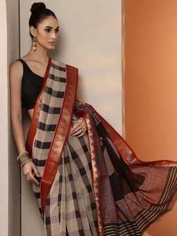 Libas - Checks Silk Blend Saree with Unstitched Blouse for Women - Grey