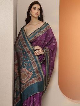Libas - Printed Silk Blend Saree with Unstitched Blouse for Women - Purple
