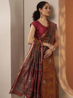 Libas - Floral Printed Silk Blend Saree with Unstitched Blouse for Women - Mustard