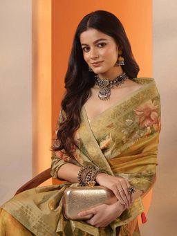 Libas - Floral Printed Chinon Saree with Unstitched Blouse for Women