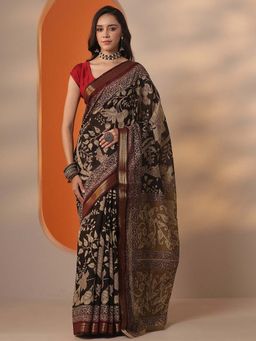 Libas - Striped Silk blend Saree with Unstitched Blouse for Women - Black