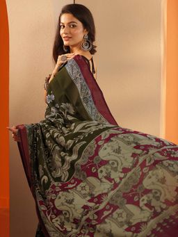 Libas - Ethnic motifs Silk blend Saree with Unstitched Blouse for Women - Green