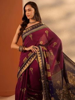 Libas - Ethnic motifs Silk blend Saree with Unstitched Blouse for Women - Maroon