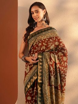 Libas - Floral Ethnic motifs Silk blend Saree with Unstitched Blouse for Women - Brown