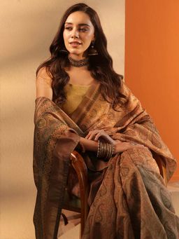 Libas - Printed Silk blend Saree with Unstitched Blouse for Women - Brown