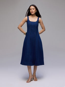 Twenty Dresses by Nykaa Fashion - Dark Blue Denim Scoop Neck Fit And Flare Panelled Midi Dress