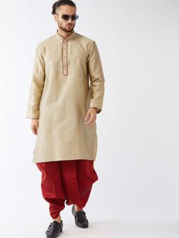 Vastramay - Mens Beige & Maroon Silk Blend Kurta with Dhoti (Set of 2)