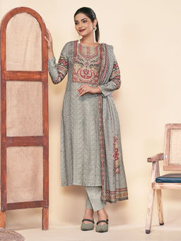 SPRAHA - Mosaic Grey Pure Muslin Unstitched Kurta with Unstitched Bottom and Dupatta (Set of 3)
