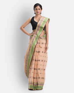 Angoshobha - Beige Woven Design Pure Cotton Handwoven Tant Saree