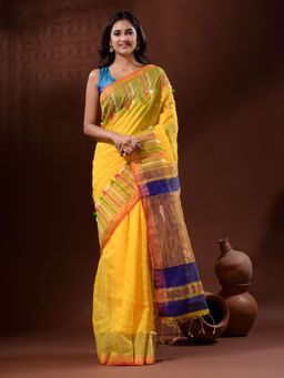 CHARUKRITI - Yellow Cotton Silk Handwoven Saree with Check Designs with Unstitched Blouse