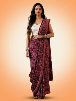 Aditri - Artisanal Ajrakh Handprinted Burgundy Cotton Saree with Unstitched Blouse