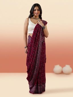 Aditri - Handprinted Ajrakh Burgundy Cotton Saree with Unstitched Blouse