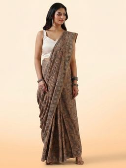 Aditri - Earth Toned Ajrakh Handprinted Cotton Brown Saree with Unstitched Blouse