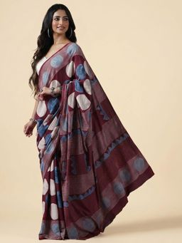 Aditri - Burgundy Handprinted Ajrakh Cotton Saree with Unstitched Blouse