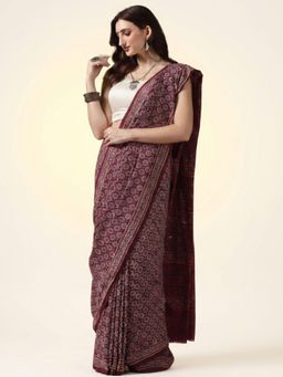Aditri - Handprinted Ajrakh Cotton Saree with Unstitched Blouse
